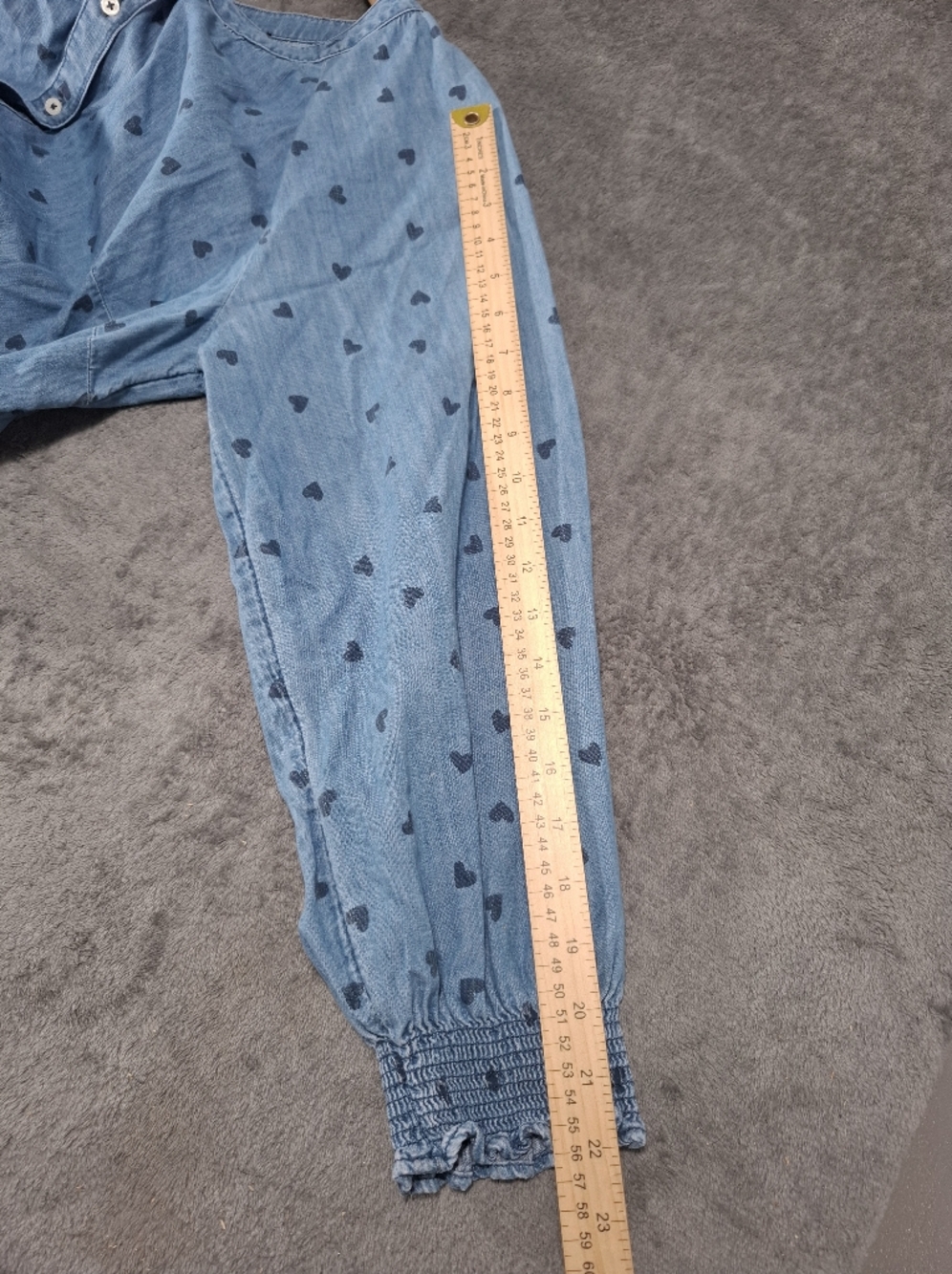 Talbots Petite XL Blue Chambray Heart Print Button Front Smocked Cuff Blouse - Picture 8 of 12
